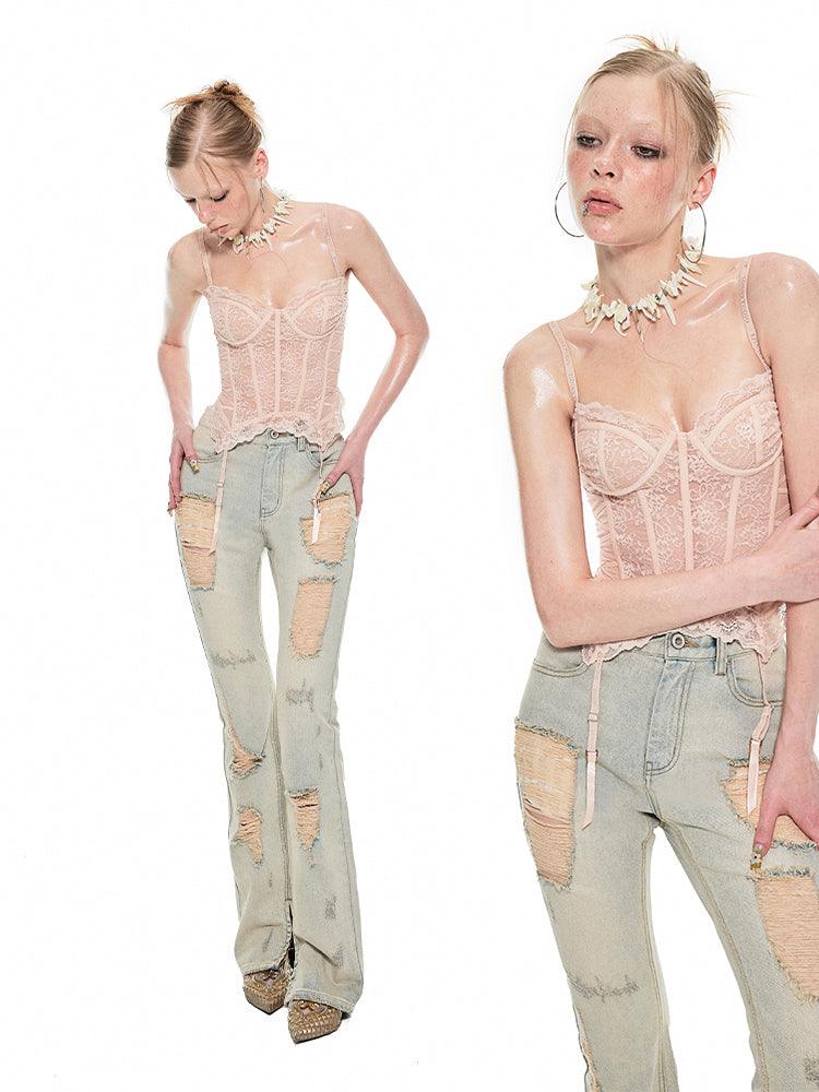 1Jin Light Wash Distressed Straight Leg Jeans - Women'S High-Rise Ripped Denim Pants