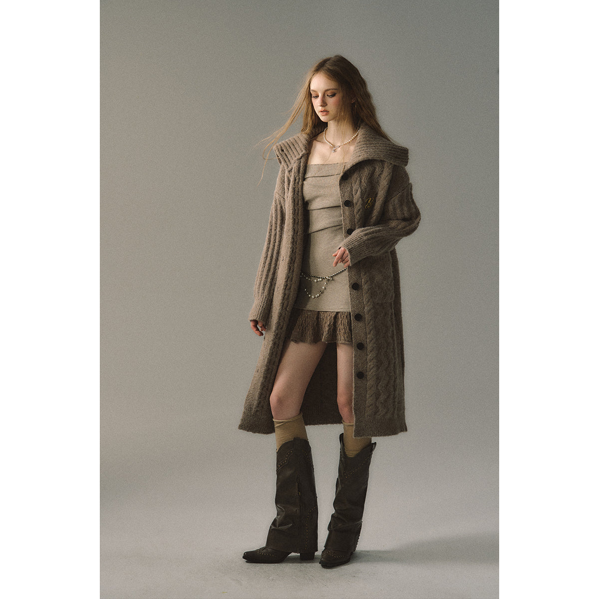 Elegant Knit Turtleneck Long Coat In Khaki