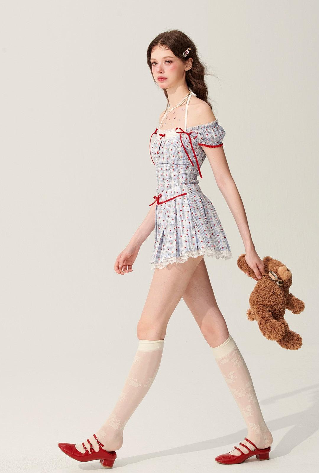 Elegant Blue Plaid Lace Shirt & Skirt Set