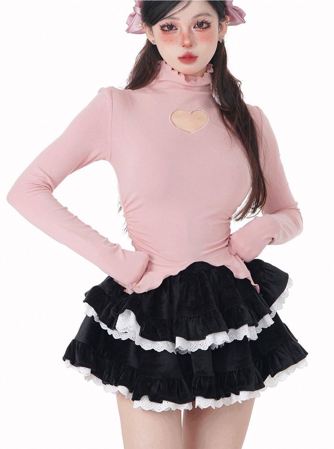 Elegant High Neck Love Pattern Slim Fit Long Sleeve Top