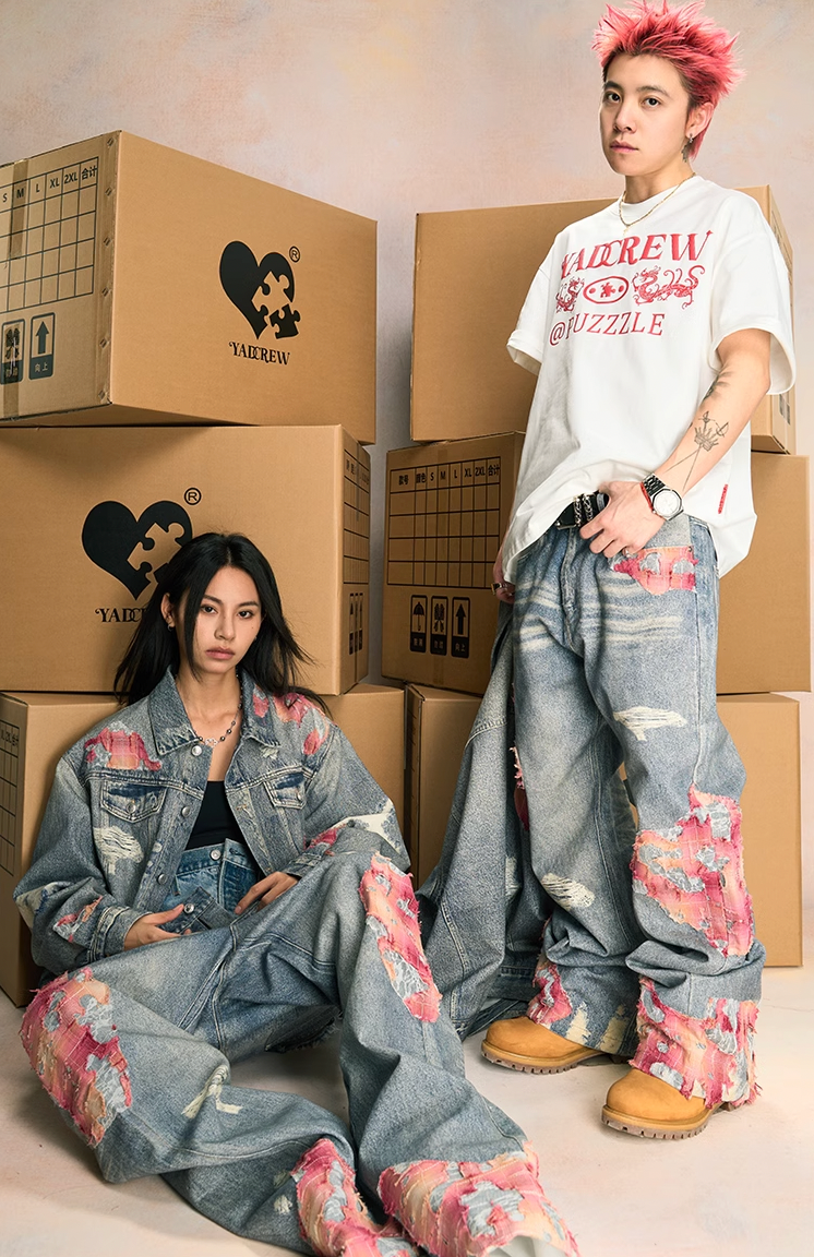 Elegant Evening Lace Printed Patchwork Denim Jacket