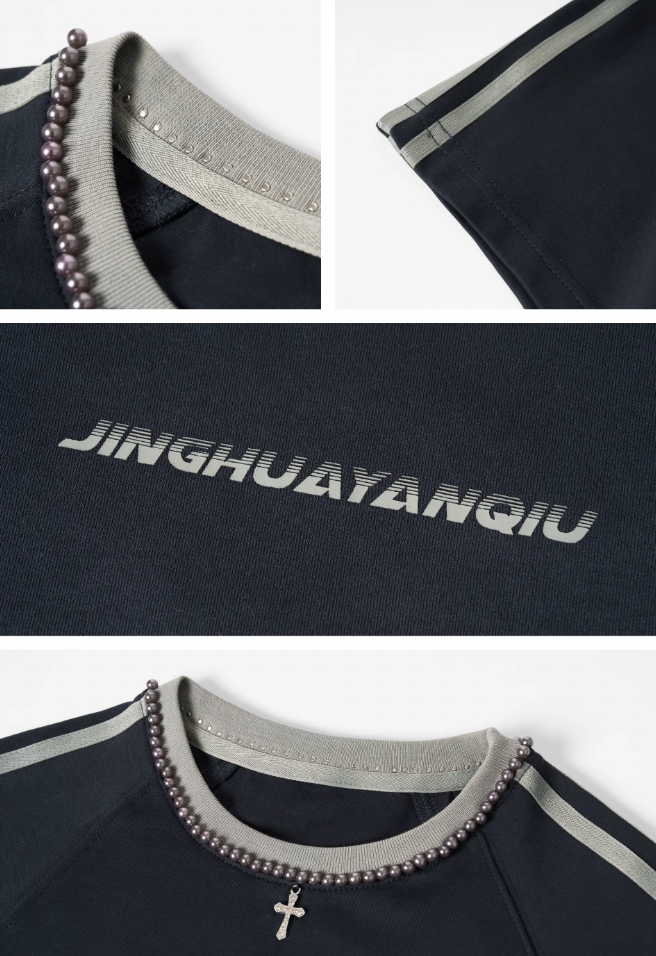 Beaded Neck Striped T-Shirt