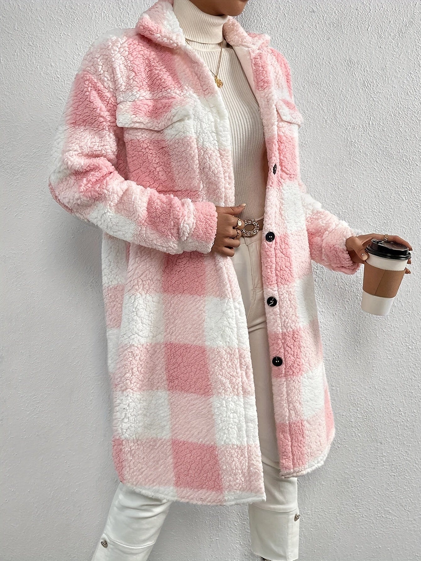 Plaid Pattern Teddy Open Front Styling Coat