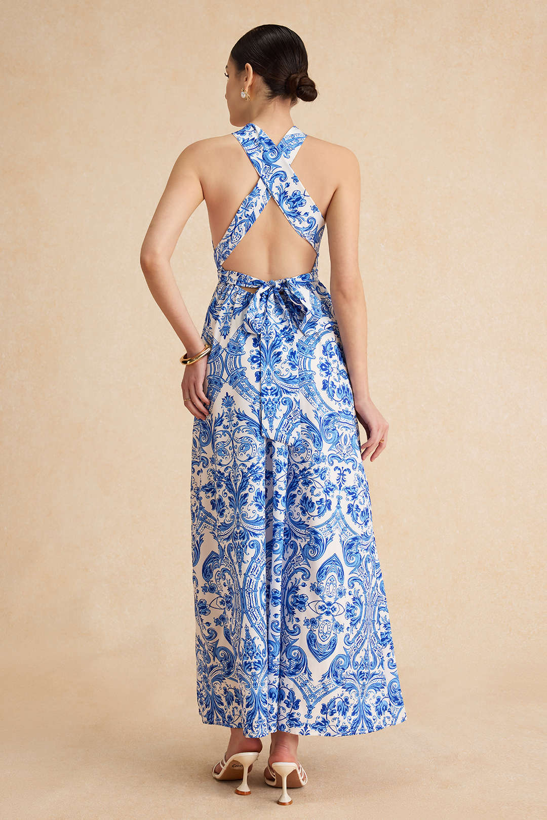 Baroque Print Cross Cut Out Maxi Dress