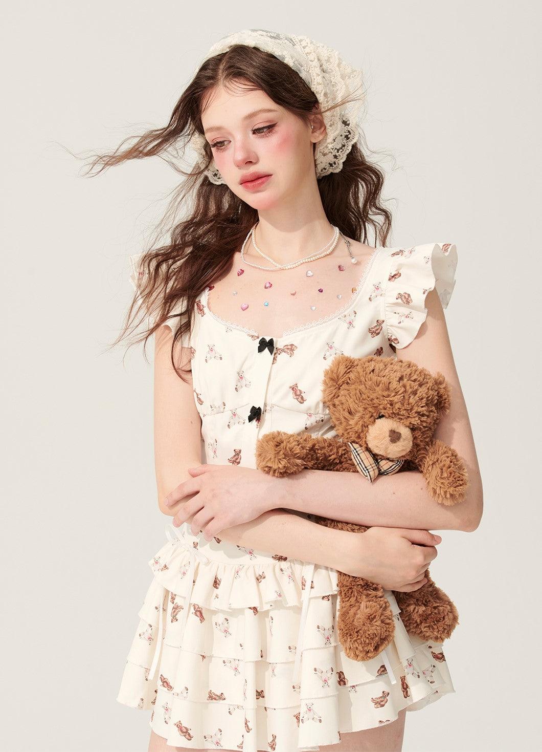 Adorable Bear-Themed Holiday Shirt And Skirt Set With Flutter Sleeves