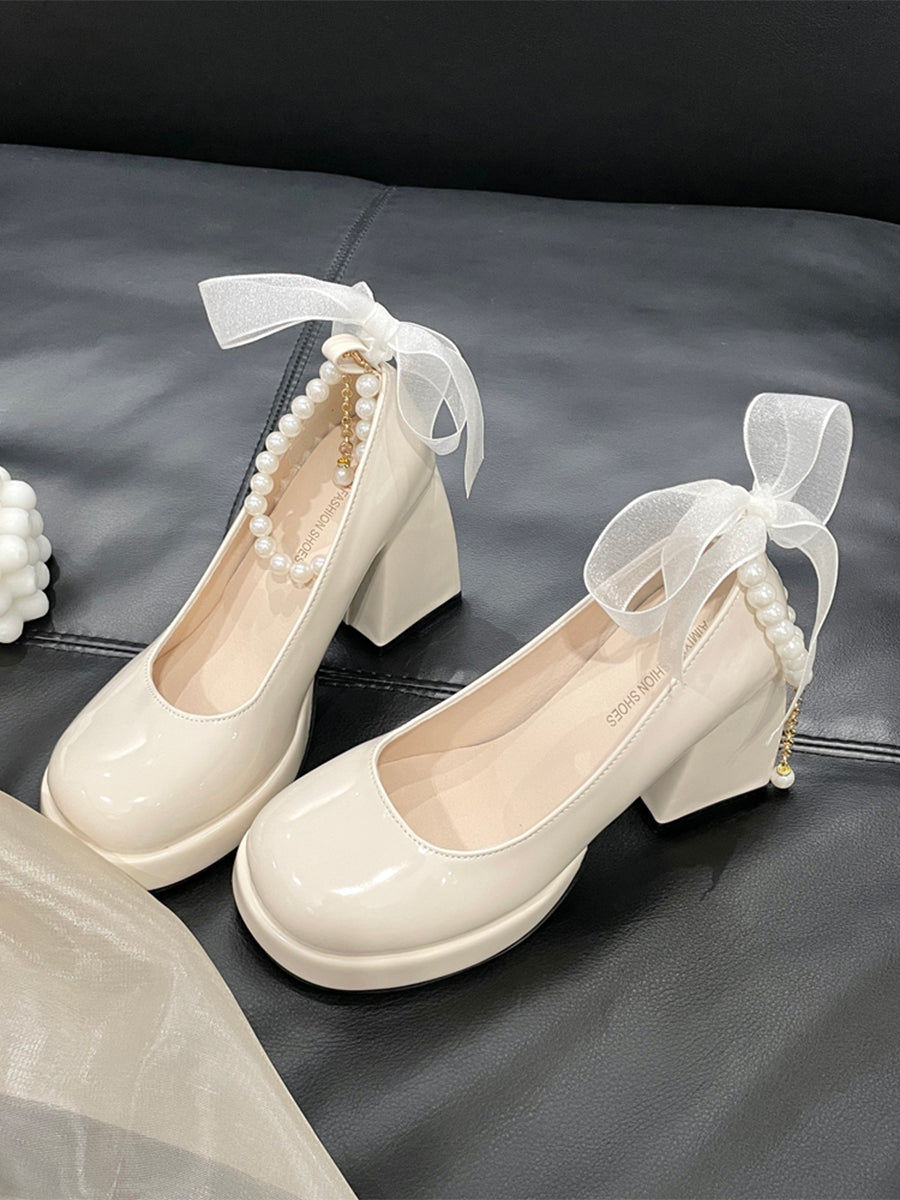 Round Toe Mary Jane Heels Shoes with Double Layered Pearls Chain