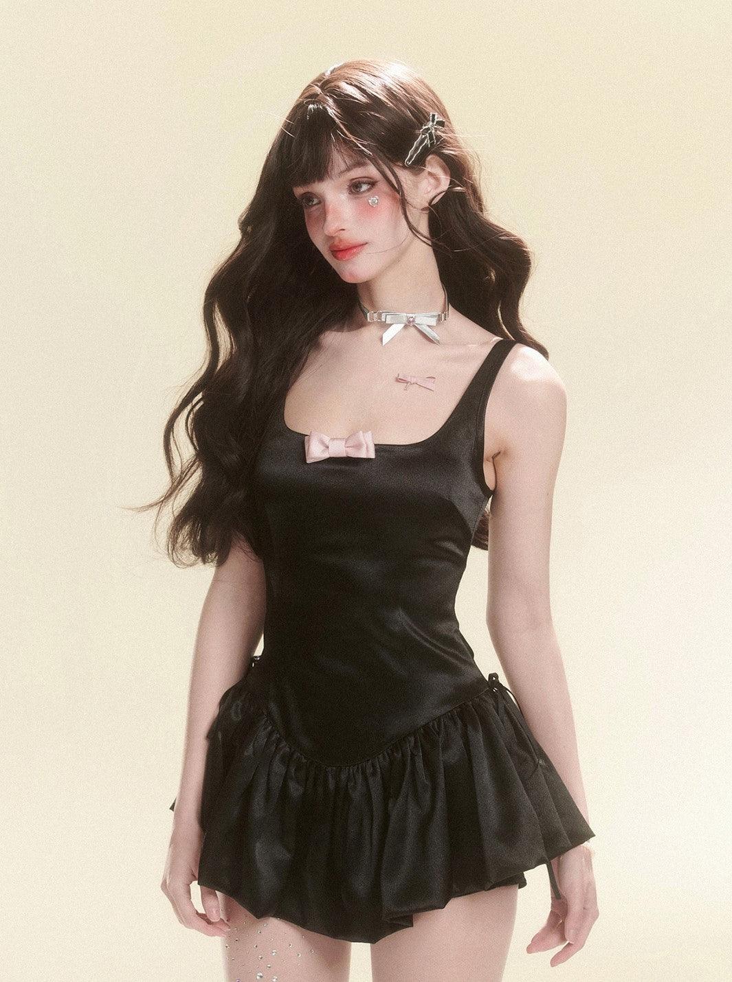 Elegant Black Bow Suspender Dress