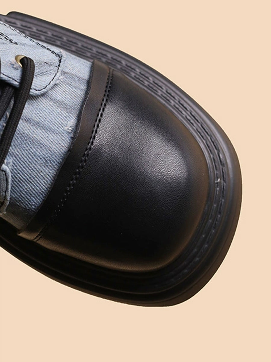 Western Vintage Ribbed Patchwork Sock Style Denim Slip Resistant Sole Chunky Heel Ankle Boots