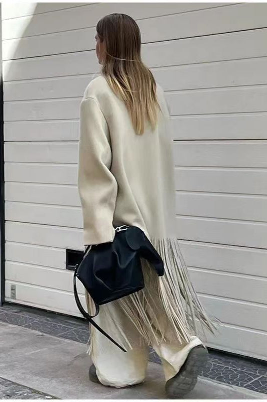 Solid Color Fringe Long Blazer Coat