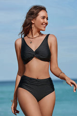 Black V Neck Twisted Simple Ruched Design Bikini