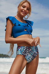 Blue Natural Print Pretty Falbala Ruffle Bikini