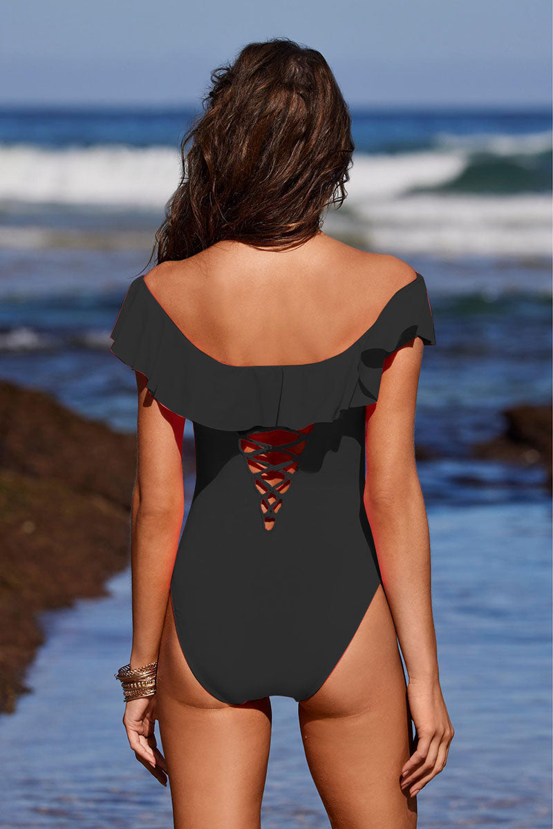 Black Ruffle Off Shoulder Glamorous Strappy One Piece Swimwear