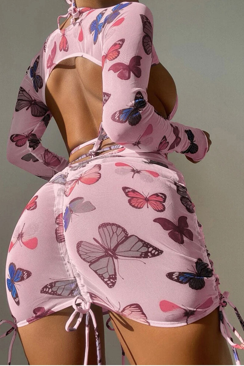 Butterfly Print Girly Strappy Drawstring Three Pieces