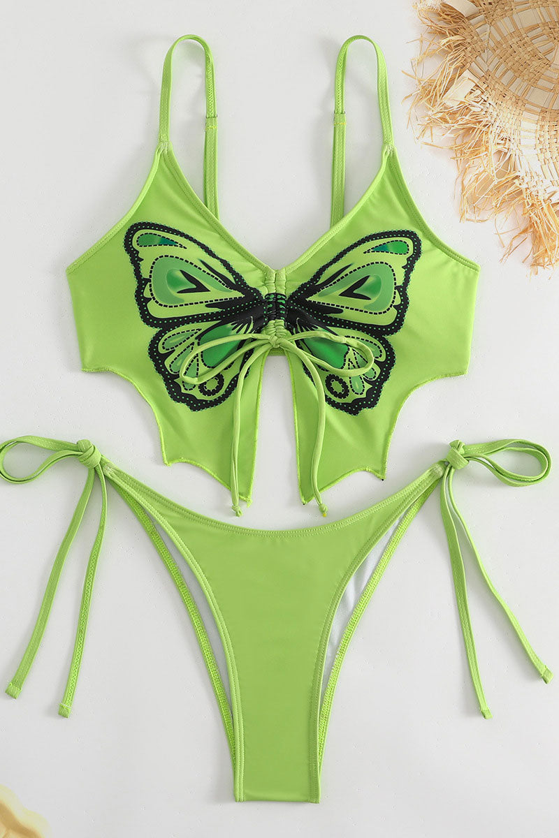 Butterfly Print Drawstring Hot Tie Side Bikini