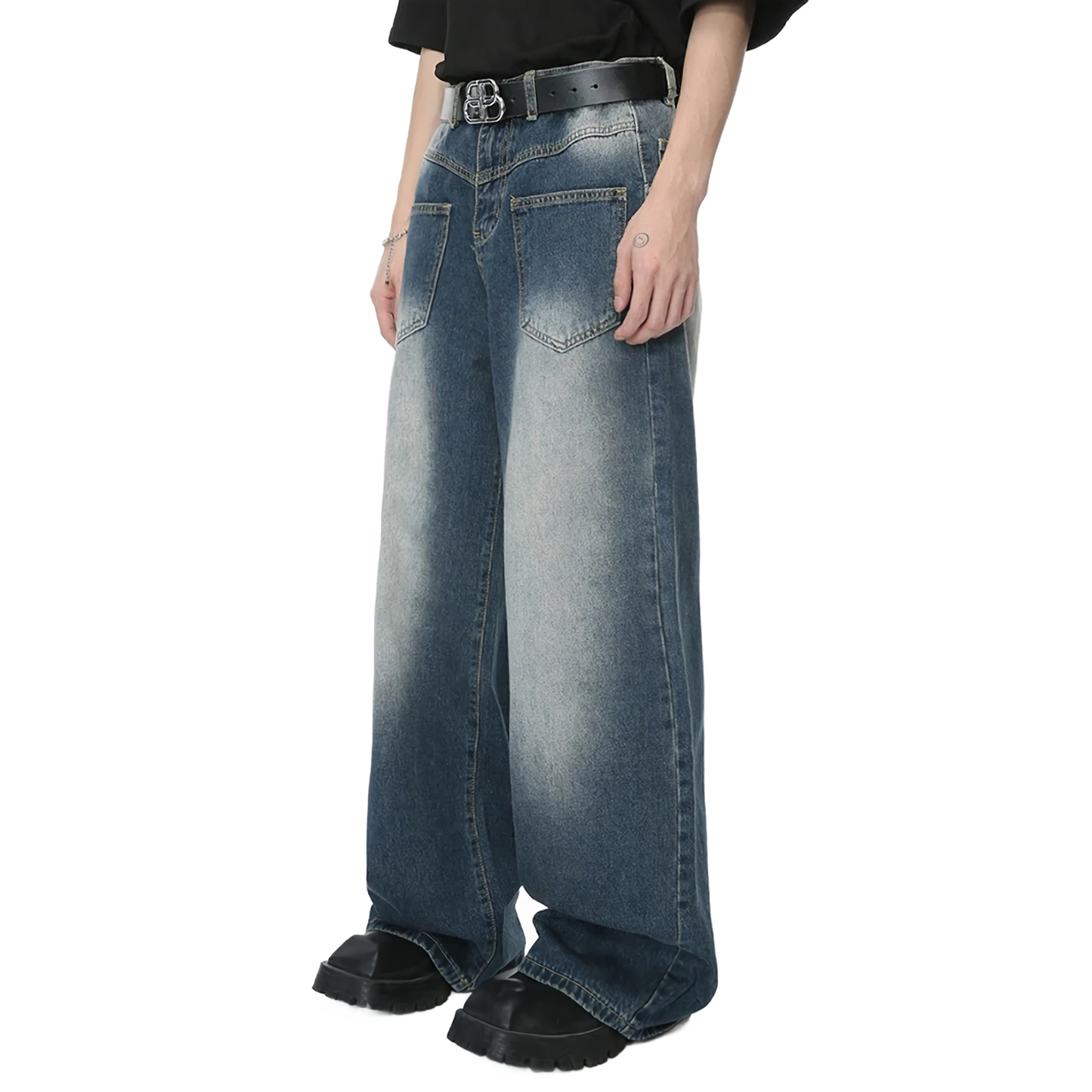 Reverse Pocket Vintage Faded Straight-Leg Jeans