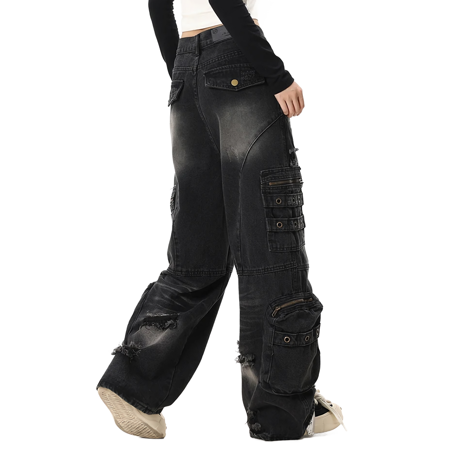 Distressed Black Cargo Denim Jeans - Edgy Streetwear Pants