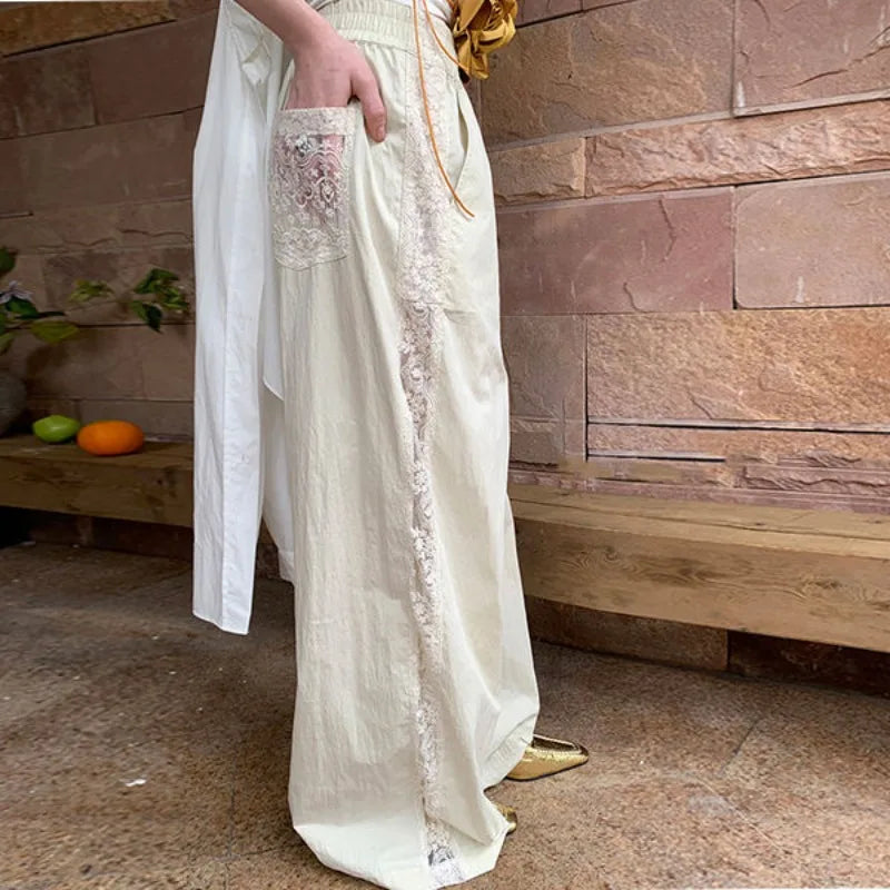 Lace Patchwork White Wide Leg Pants