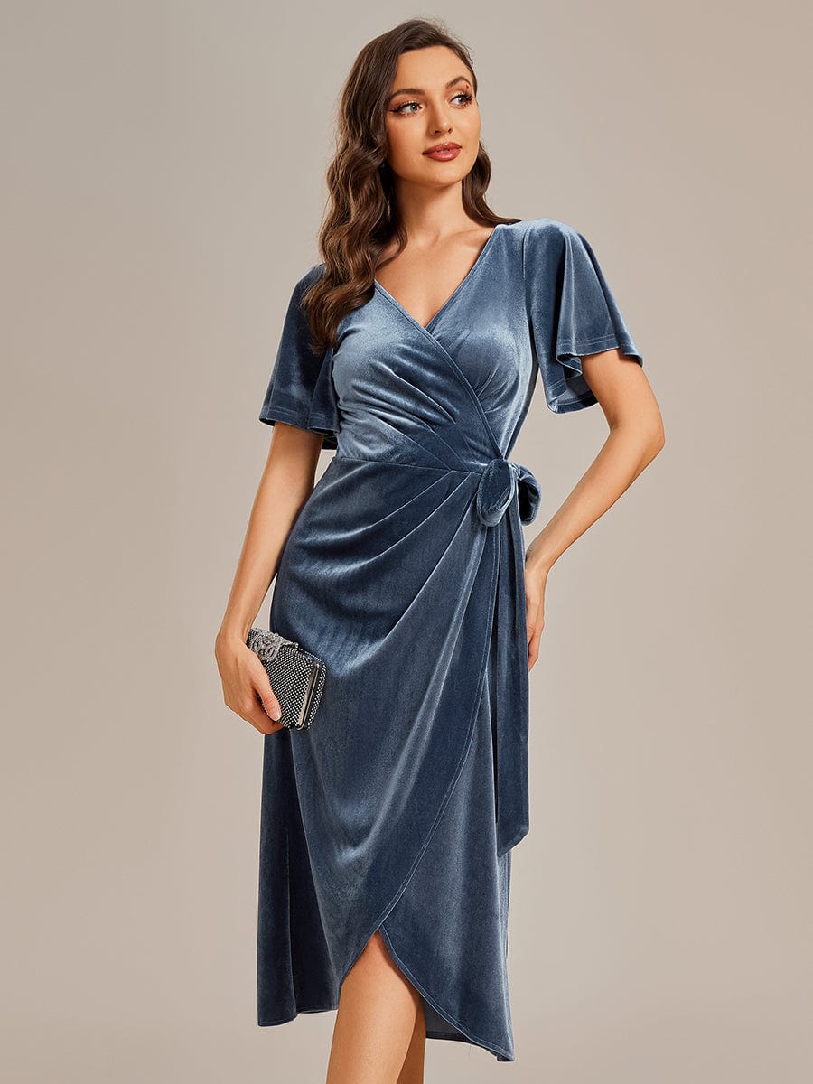 Luxurious Velvet V-Neck Short Sleeve Midi Wedding Guest Dress