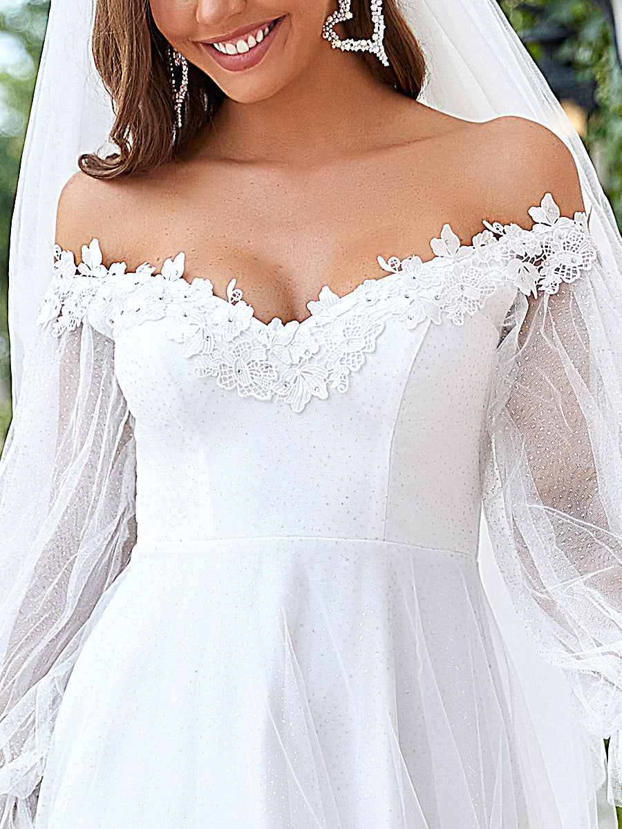 Elegant A-Line V Neck Wedding Gown with Bishop Sleeves