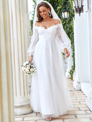 Elegant A-Line V Neck Wedding Gown with Bishop Sleeves