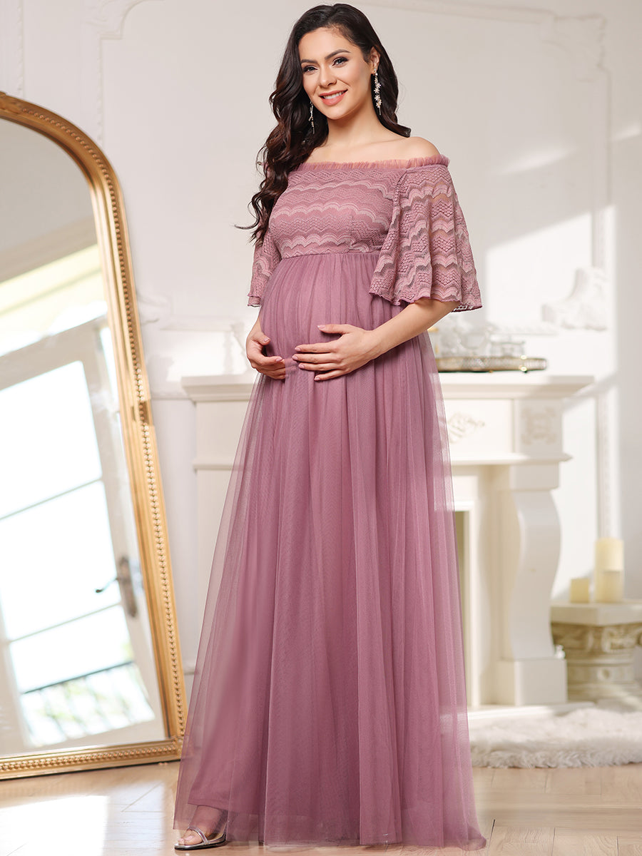 Elegant Lace Sleeved Off Shoulder Maternity Bridesmaid Gown