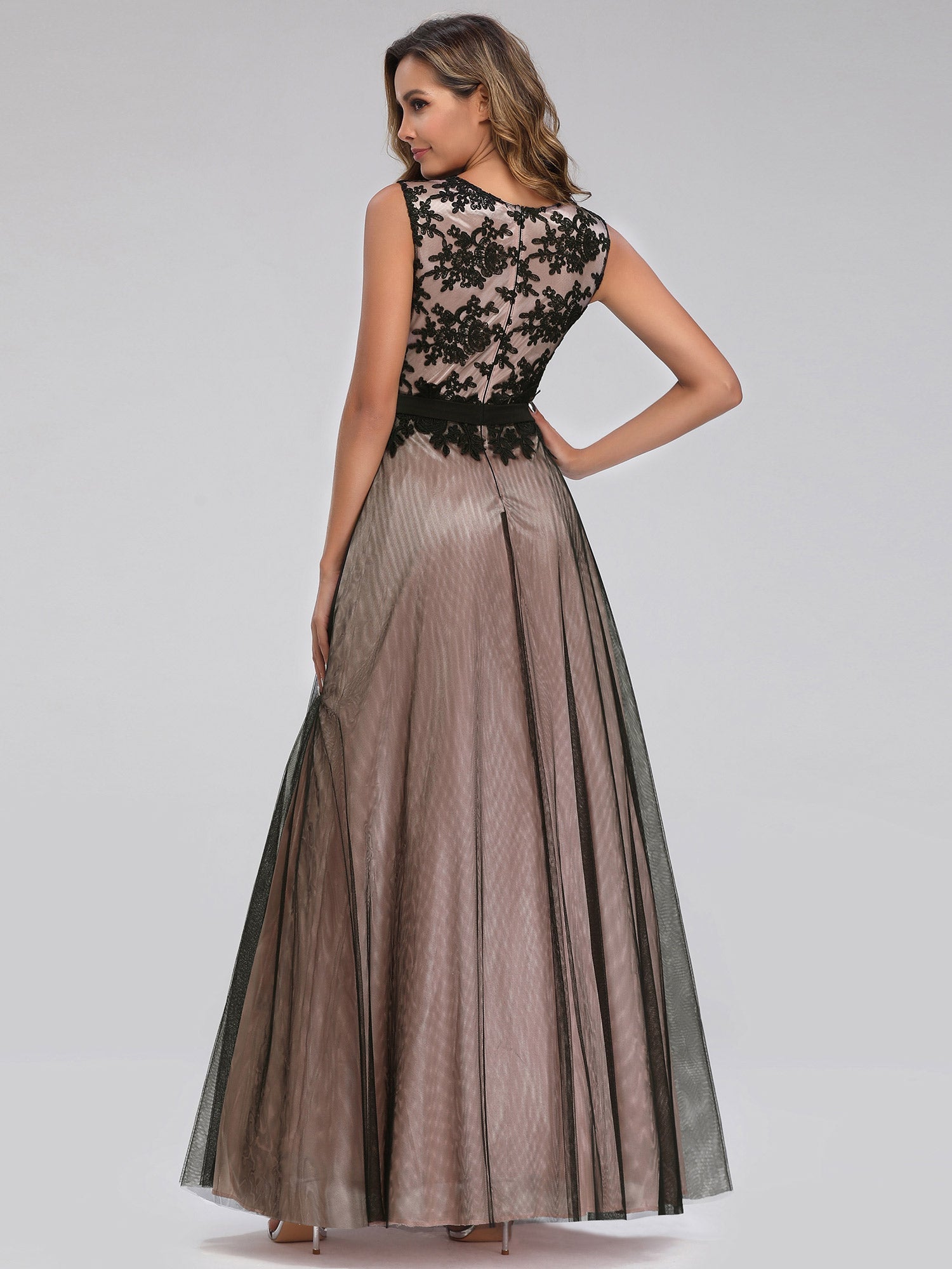 Elegant Black Brocade Evening Dress with Sheer Overlay
