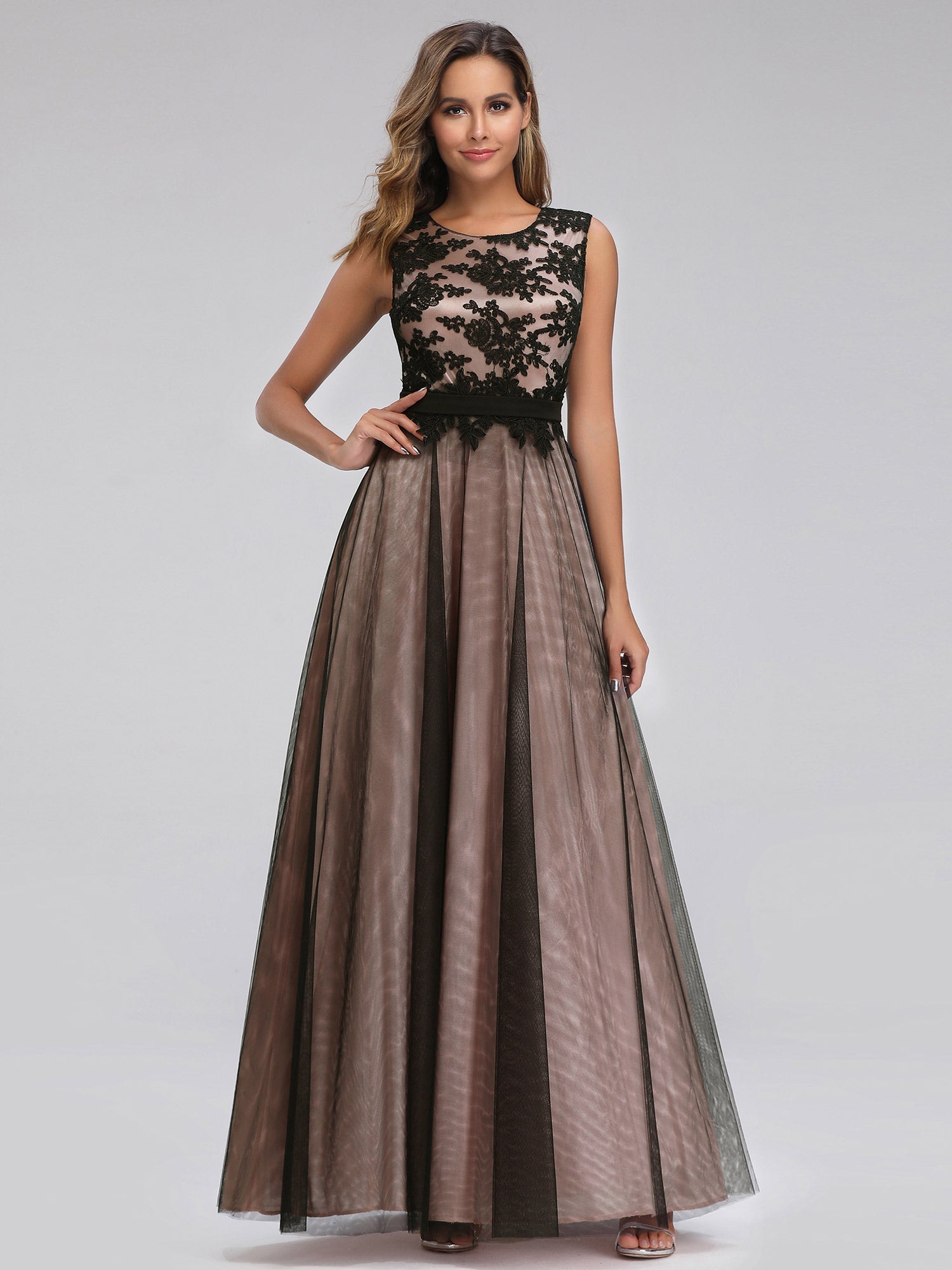 Elegant Black Brocade Evening Dress with Sheer Overlay