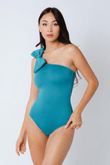 Blue Girly Bow Shoulder One Piece Swimwear