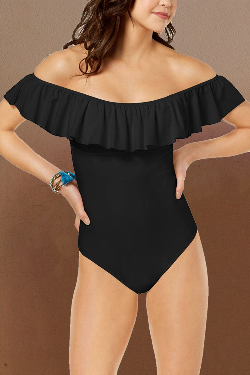 Black Ruffle Off Shoulder Glamorous Strappy One Piece Swimwear
