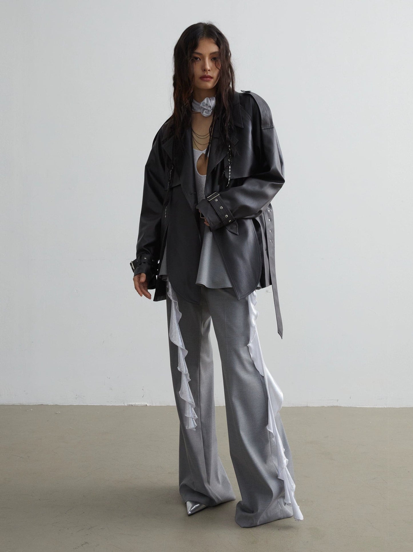 Matte Leather Short Coat With Slit Design