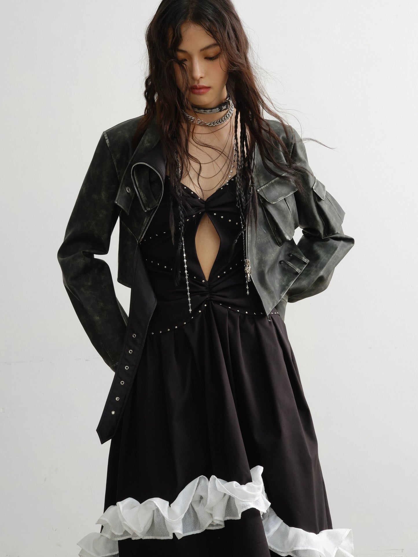 Elegant Rivet-Embellished Lace Suspender Dress