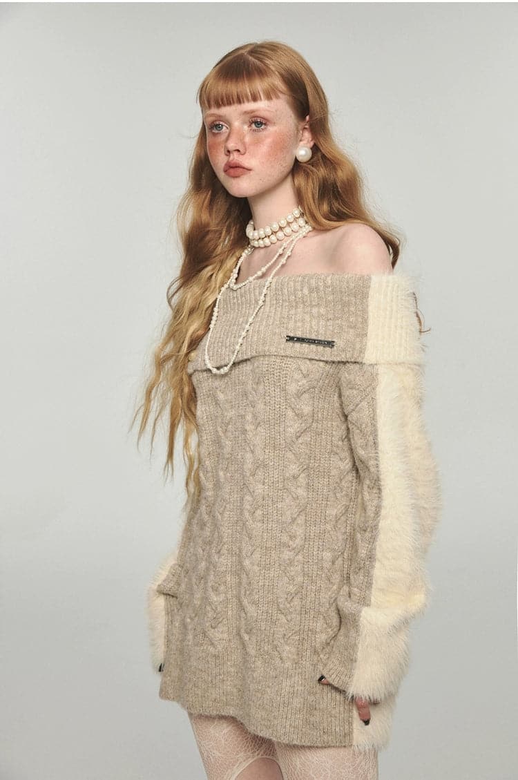 1Jinn Faux Mink Casual Loose Color Block Off-Shoulder Knit Sweater