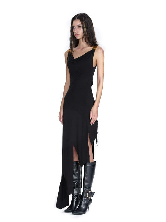 24Ans Black Lace Bodice Asymmetric Maxi Dress - Women'S Sleeveless Evening Gown With Fringe Hem