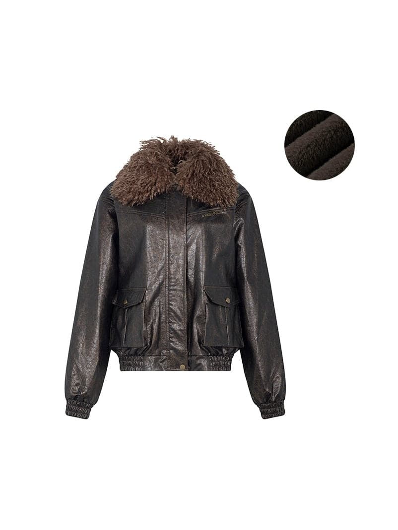 Detachable Plush Collar Leather Jacket