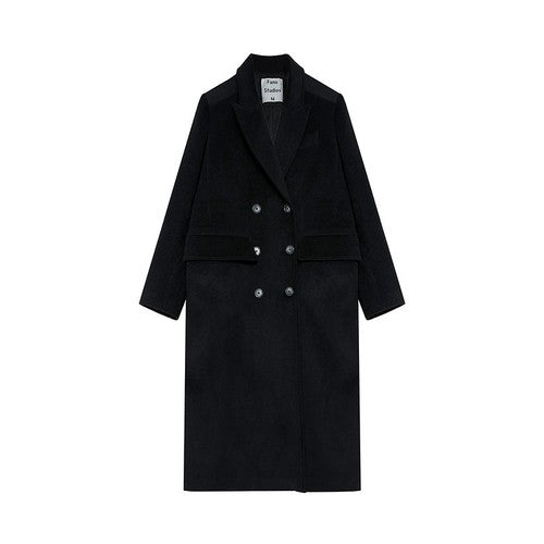 Winter Double-Breasted Mid-Length Black Wool Coat In Hepburn Style