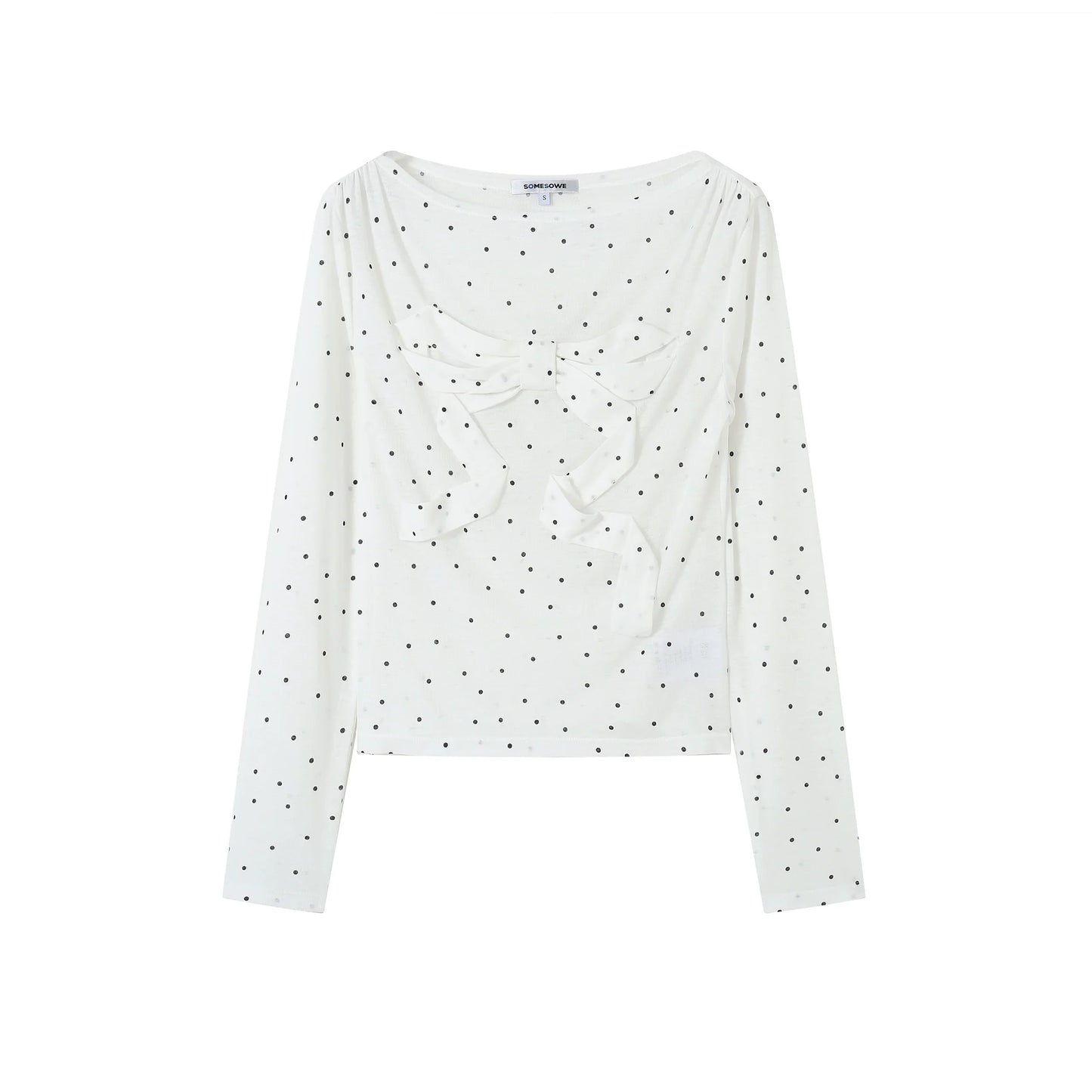 Refined Gray And White Polka Dot Print Long Sleeve Blouse With Bow Accent