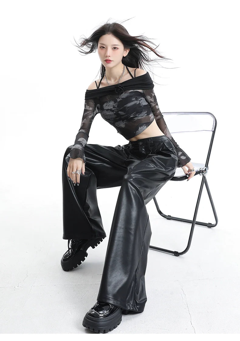 Coffee Wide-Leg Pu Leather Pants