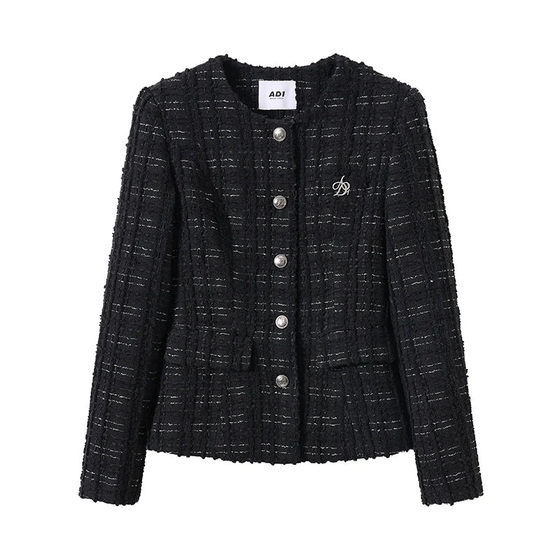 Black Tweed Blazer: Classic Button-Front Jacket with Metallic Thread and Embroidered Logo