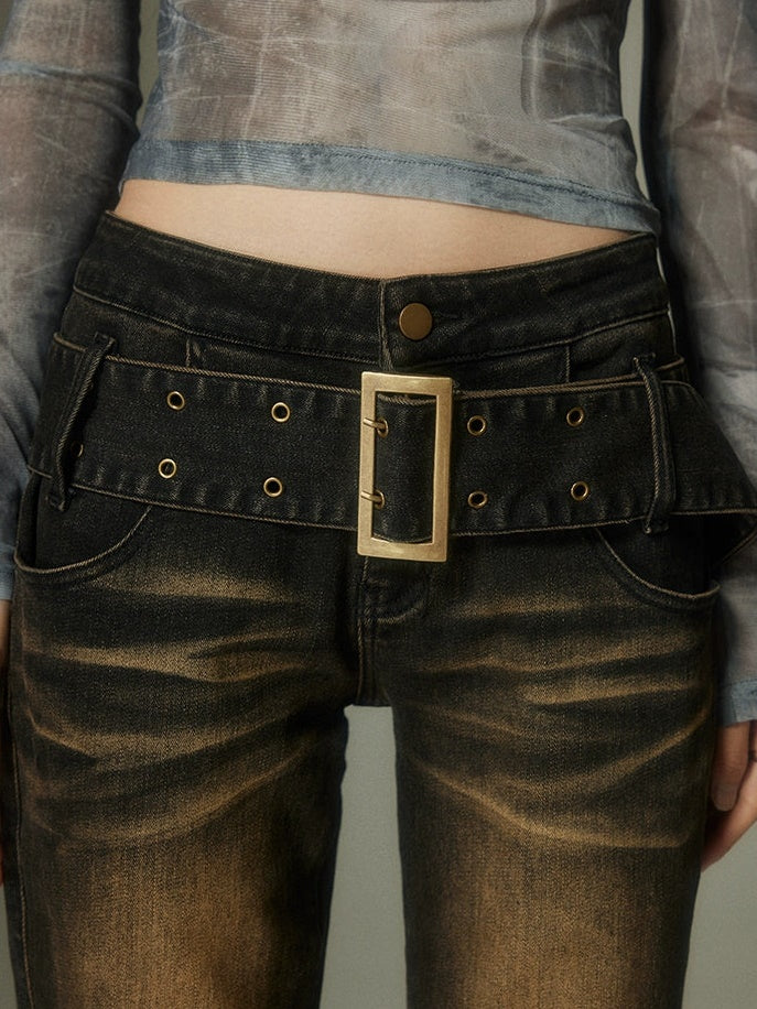 Wide-Belted Gradient Jeans With Subtle Micro-Flare