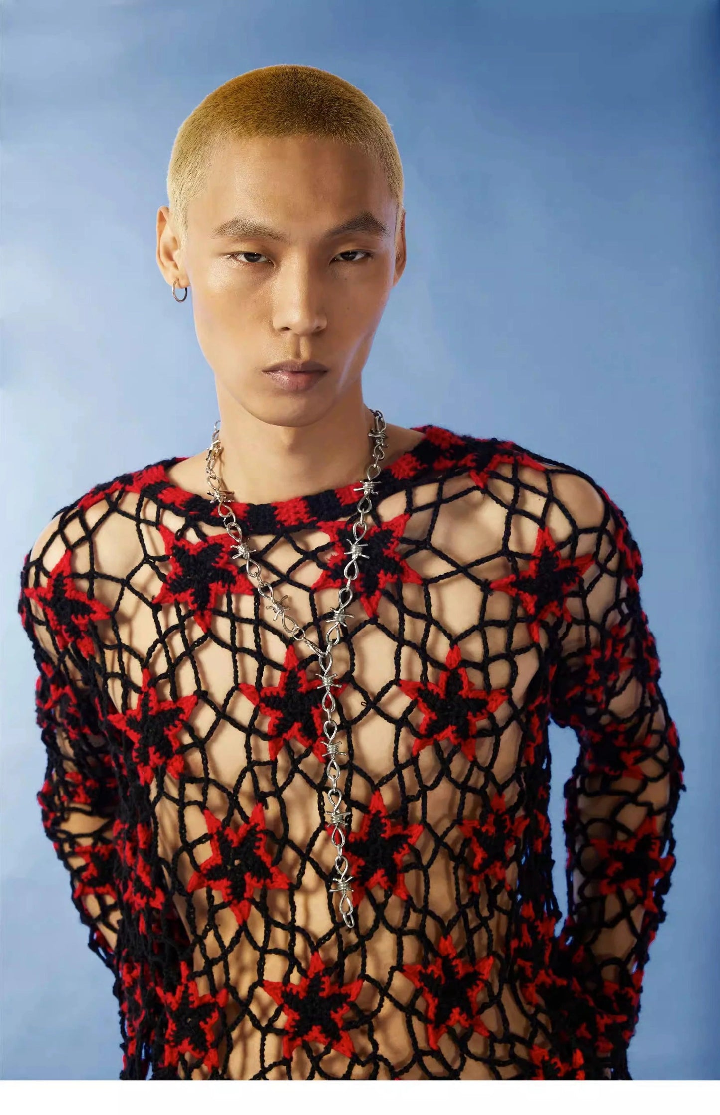 Red And Black Floral Crochet Sweater