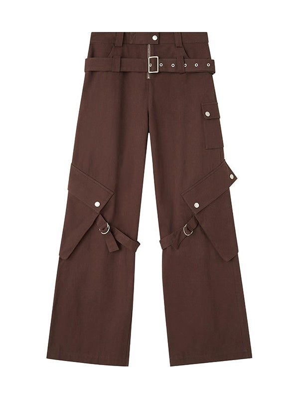 Wide Leg Double Belted Straight Fit Trousers