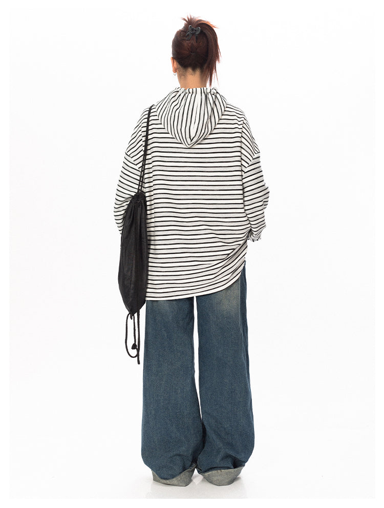 Striped Contrast Color Hooded T-Shirt