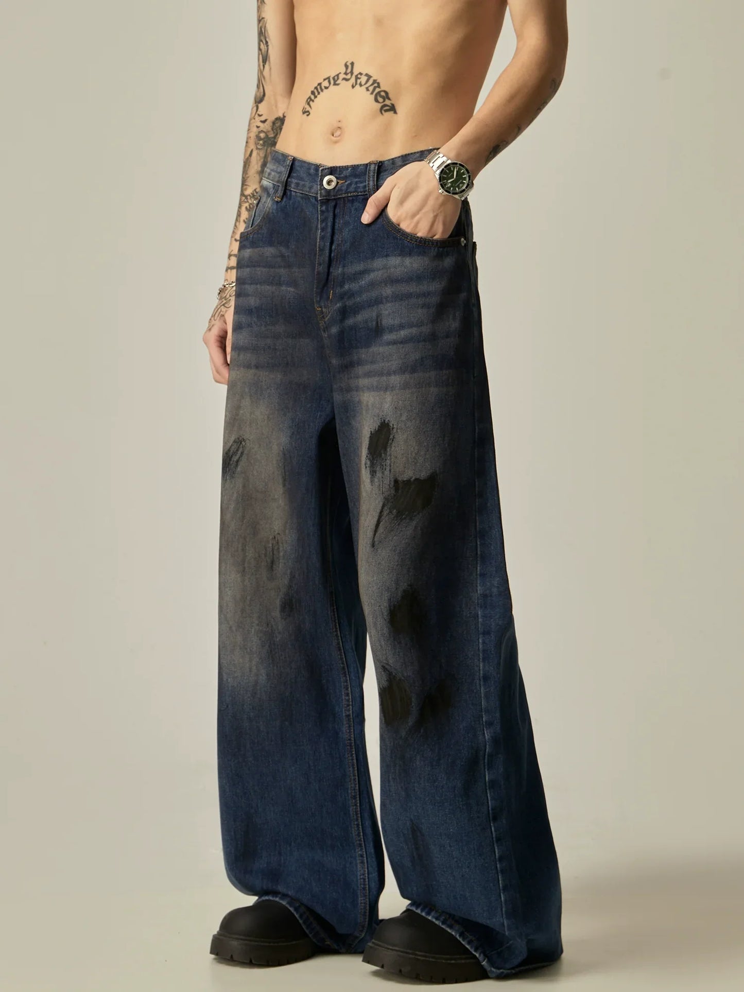 Wide-Leg Distressed Black Denim Jeans