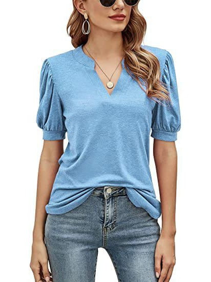 Pleated V-neck puff sleeve short sleeve loose women's T-shirt top