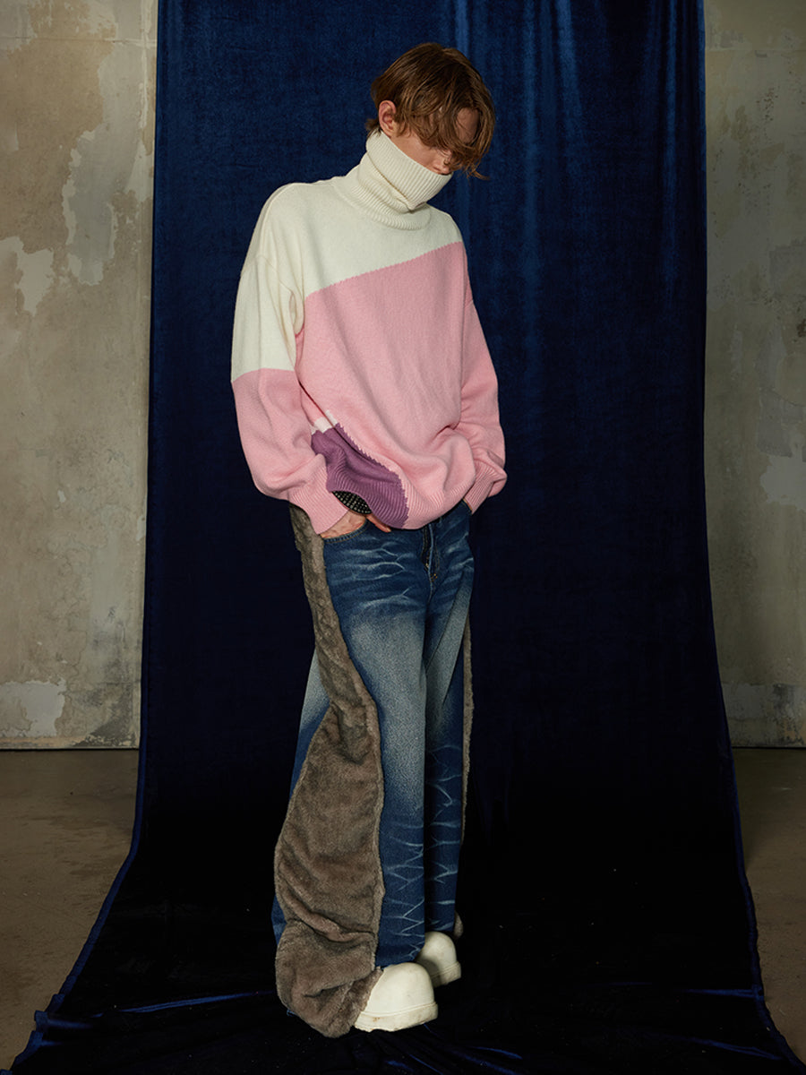 Asymmetric Color Block Turtleneck Sweater