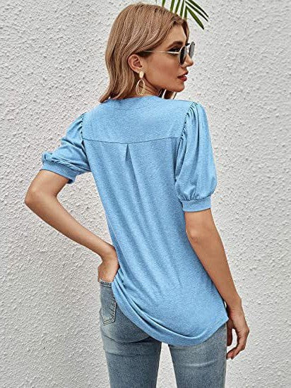 Pleated V-neck puff sleeve short sleeve loose women's T-shirt top