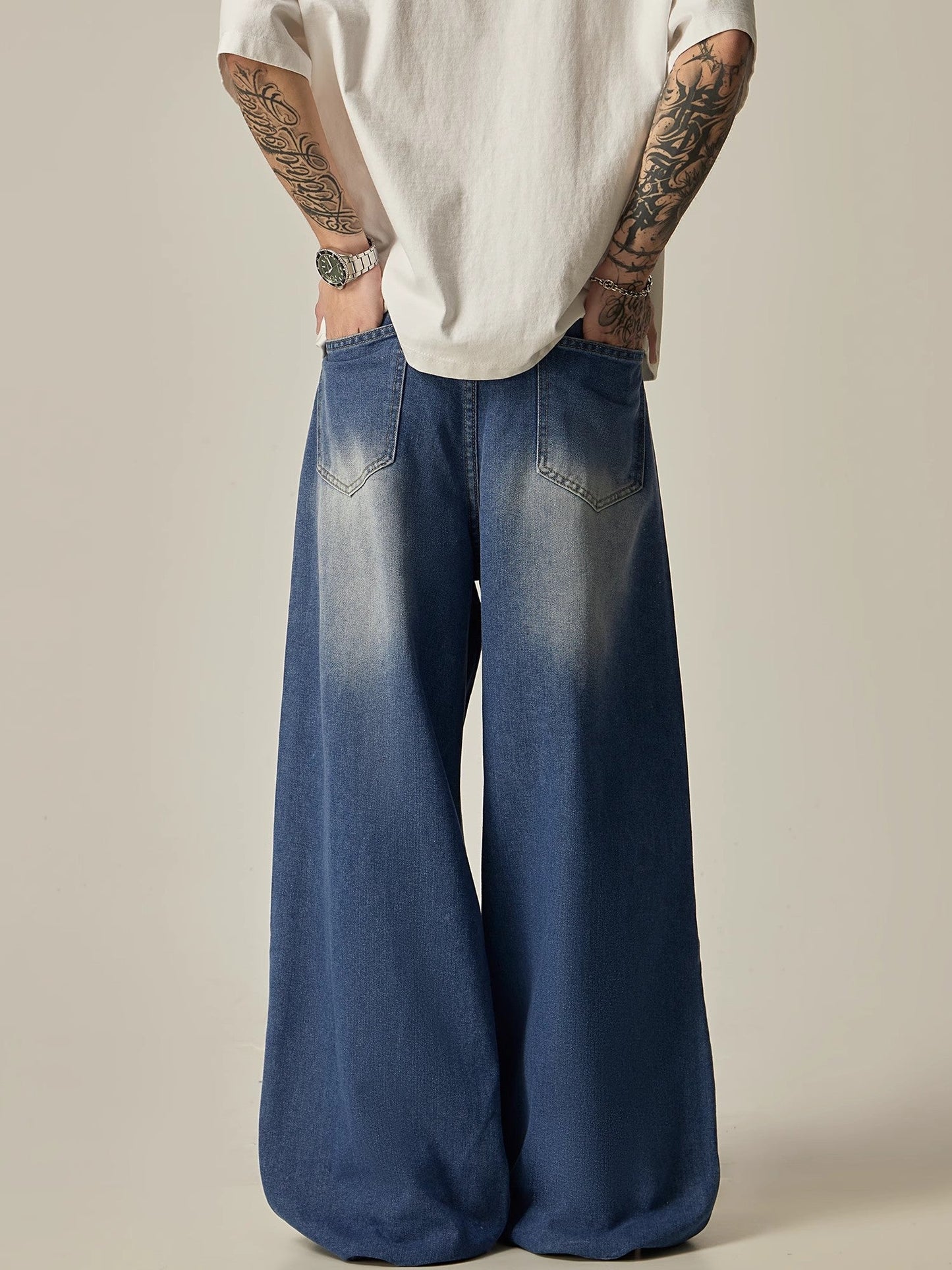 Wide-Leg Distressed Gradient Wash Denim Jeans