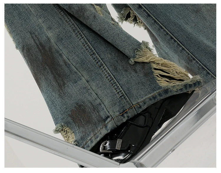 Retro Tie-Dye Distressed Wide-Leg Jeans With Washed Effect And Draping Fit