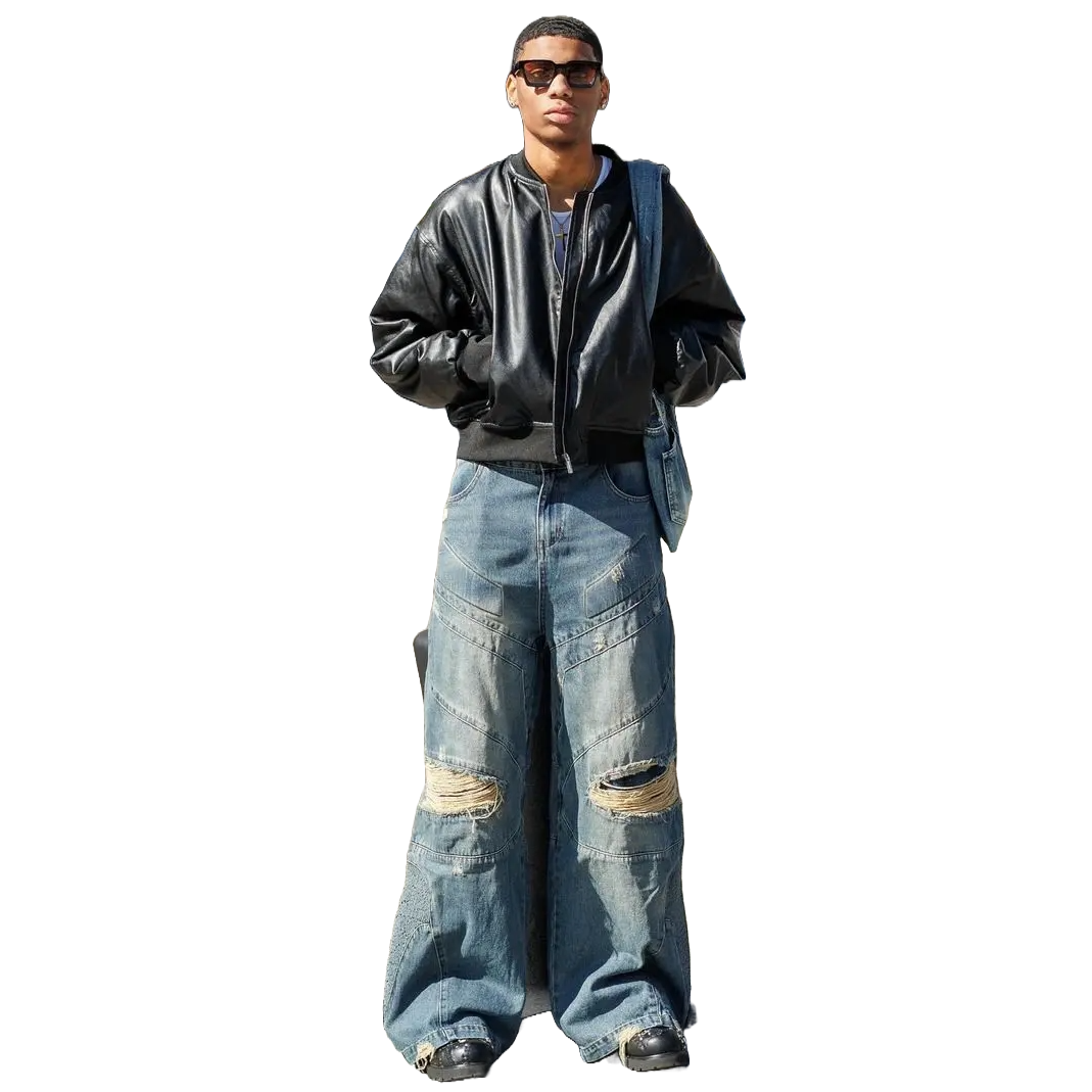 Charcoal Moto-Inspired Distressed Jeans