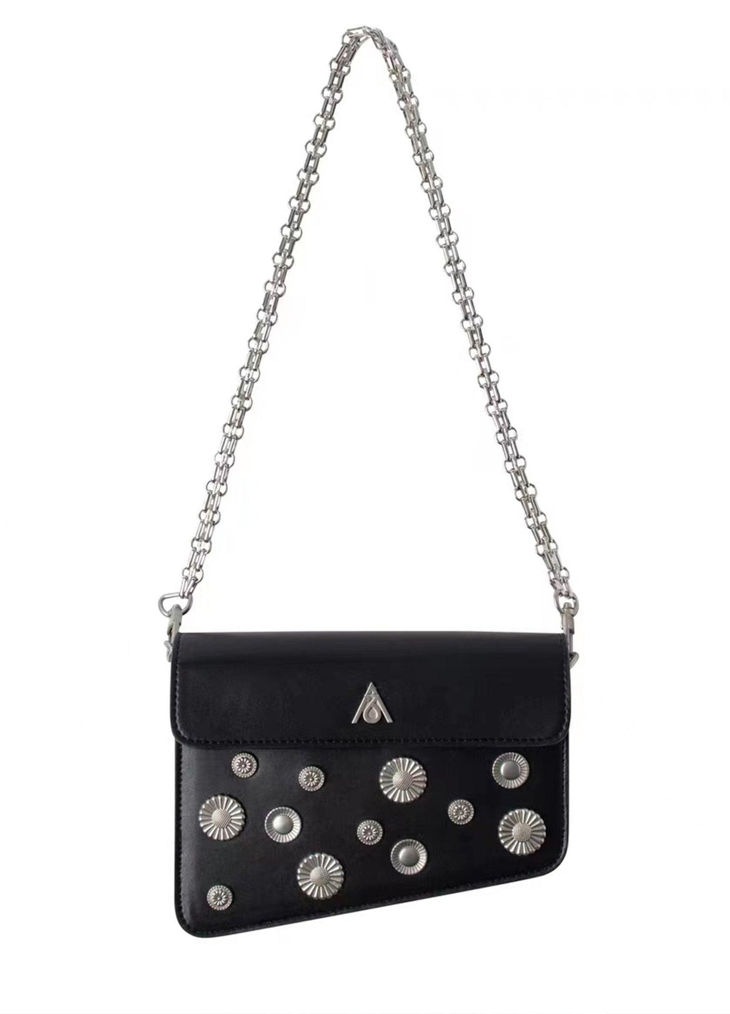 Chic Black Studded Pu Leather Shoulder Purse With Chain Strap